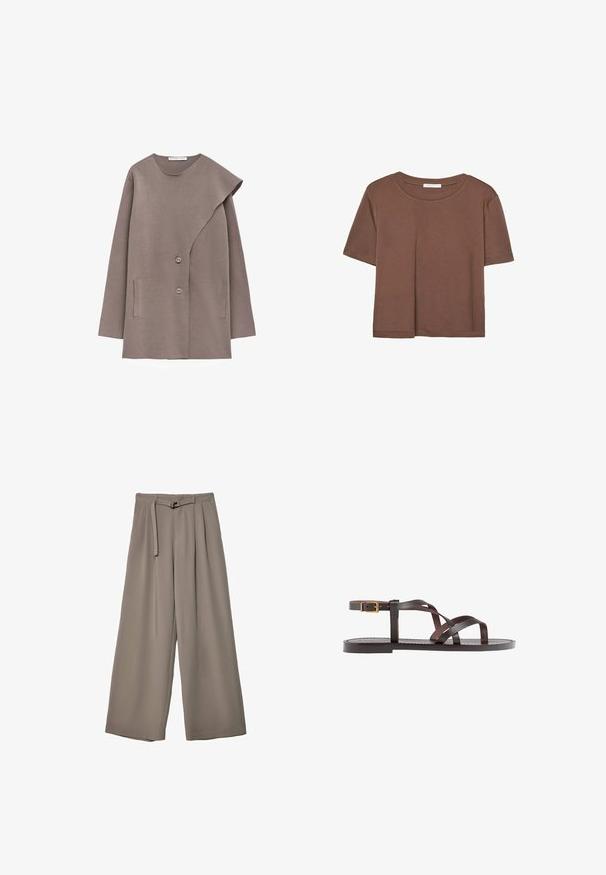 Giacca lunga color taupe con maniche lunghe e una pattina asimmetrica sul davanti, due bottoni e due tasche verticali, realizzata in tessuto morbido.; Maglietta a maniche corte marrone realizzata in tessuto morbido, con scollatura rotonda e vestibilità rilassata. Nessun motivo o dettaglio visibile.; Pantaloni a gamba larga in un morbido tessuto grigio tenue, con vita con cintura e pieghe per un tocco di design aggiuntivo. Texture liscia, senza motivi.; Sandal in pelle marrone con cinturini incrociati, chiusura con cinturino alla caviglia e suola piatta con dettagli di cucitura minimi.