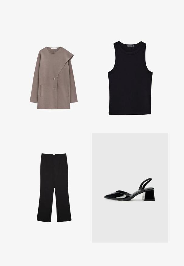 Taupe Langarmjacke mit asymmetrischem Revers auf der Vorderseite, zwei Knöpfen und zwei vertikalen Schlitztaschen, aus glattem Stoff.; Schwarzes Tanktop aus Baumwolle mit rundem Halsausschnitt und weiten Armöffnungen. Glatte Textur mit genähten Säumen. Klassisches, minimalistisches Design.; Schwarze Hose mit geradem Schnitt, ausgestattet mit Fronttaschen und Seitenschlitzen am Saum. Hergestellt aus weichem, glattem Stoff. Geeignet für verschiedene Anlässe.; Schwarze Lackleder-Slingback-High Heels mit spitzem Schuh und einem geometrischen Blockabsatz. Verfügt über ein schlankes, minimalistisches Design und eine glatte Textur.