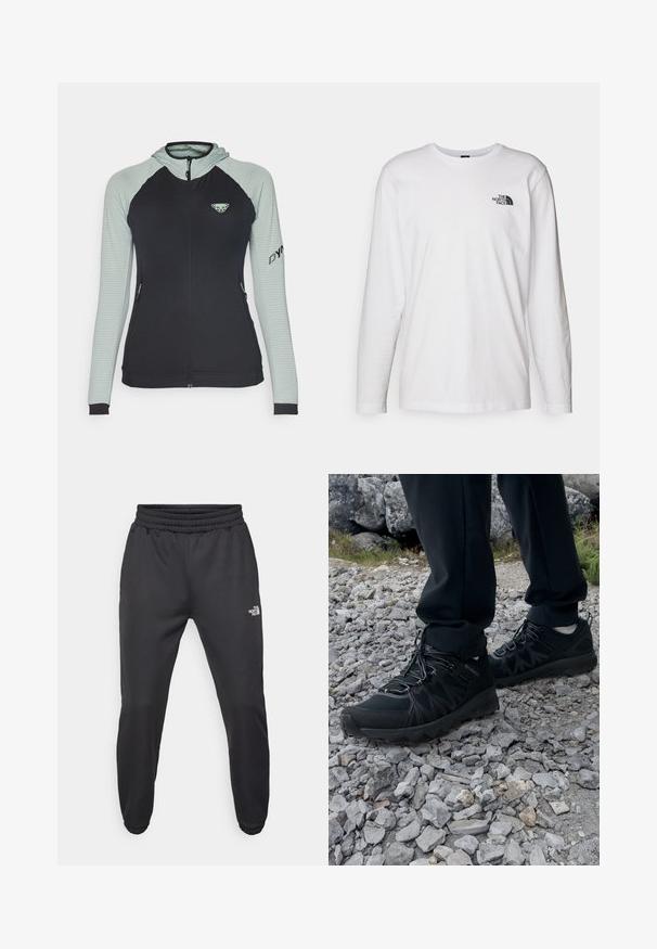 Dynafit SPEED HOODED - Sweater met rits - jade lite; Witte lange mouwen T-shirt gemaakt van katoen met een ronde hals. Beschikt over een klein zwart logo op de borst. Soepele textuur, normale pasvorm.; Zwarte sweatpants met een trekkoord in de taille, tapered fit, elastische boorden en een klein wit logo op de linker dij, gemaakt van gladde stof.; Zwarte buitenschoenen van mesh en synthetisch materiaal, met een gestructureerd bovenwerk, een beveiligd vetersysteem en een robuuste zool, op een ruig terrein.