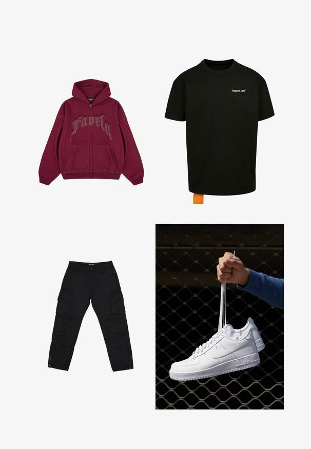 FAVELA AVES FRONTZIP - Hoodie - bordeaux; Black cotton t-shirt with a loose fit, crew neck, and short sleeves. Features white text logo on the chest and an orange tag at the hem.; Black cargo pants made of durable fabric, featuring multiple cargo pockets, zippered ankles, and straight legs with subtle stitching details.; White leather sneakers with perforations, round toe, flat sole, and thick laces, featuring a visible swoosh logo and "AIR" on the heel.