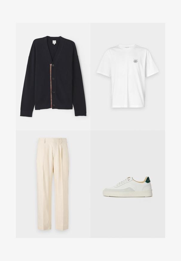 Navy ribbed cardigan featuring a V-neck, five buttons, and a colorful stripe detail along the placket. Soft texture with long sleeves.; White t-shirt made of cotton featuring short sleeves, a crew neck, and a small gray logo on the left chest area. Smooth texture.; NN.07 KAY - Trousers - off white; White sneaker with suede accents, rounded toe, flat laces, and a cream rubber sole. Features green branding on the heel.