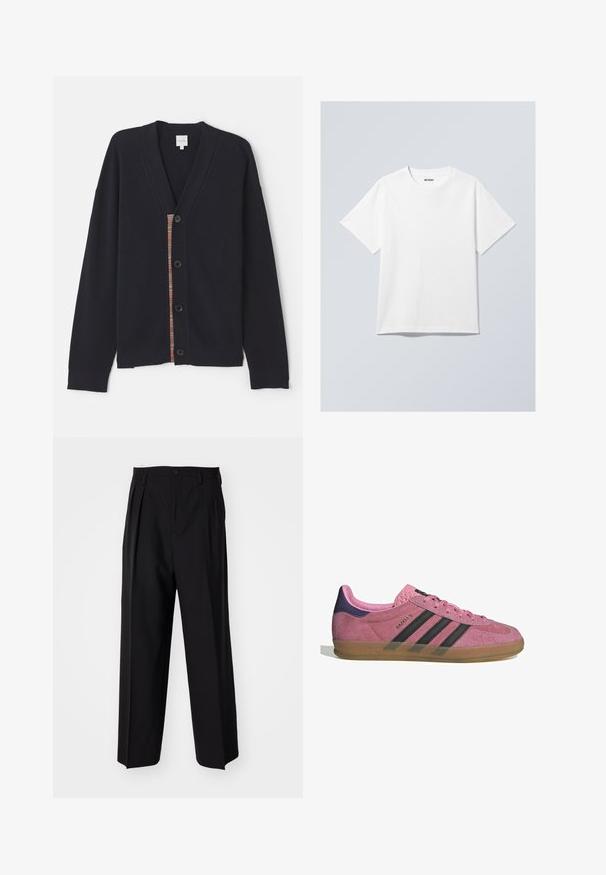 Mornarsko rebrovani kardigan z V-izrezom, petimi gumbi in barvitim črtastim detajlom ob zapenjanju. Mehak material z dolgimi rokavi.; Bela bombažna majica s kratkimi rokavi in okroglim ovratnikom ter sproščenim krojem. Ima blagovno znamko "WEEKDAY" na ovratu.; Črne nabirane hlače s ravnim, širokim krojem. Narejene so iz gladkega materiala in imajo zadrgo ter pasne zanke.; Roza semišna tenisača z črnimi stripe, gumijastim podplatom in teksturiranim vijoličastim petnim delom. Ima vezalni dizajn in embosirano blagovno znamko na strani.