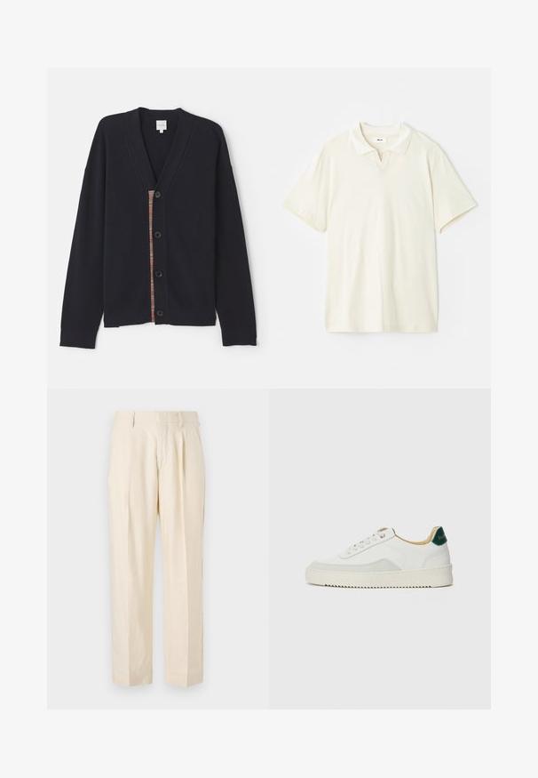 Sötétkék bordázott kardigán V-kivágással, öt gombbal és színes csíkos részlettel az elején. Puha tapintású, hosszú ujjú.; Krém színű póló ing klasszikus gallérral, rövid ujjal és enyhe V-nyakkivágással. Sima textúra és minimális dizájn.; NN.07 KAY - Nadrágok - off white; Fehér sneaker suédé részletekkel, kerek orral, lapos fűzőkkel és krémszínű gumitalppal. Zöld logó található a sarkán.