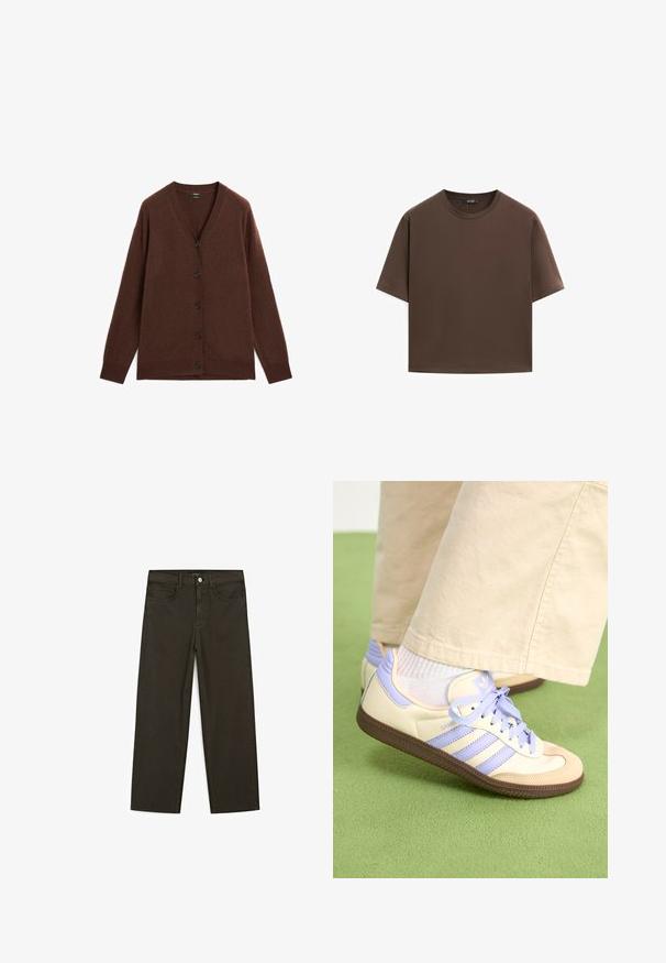 Hnědý vlněný cardigan s výstřihem do V, dlouhými rukávy a šesti černými knoflíky na přední straně; měkká textura a uvolněný střih.; Hnědé bavlněné tričko, krátké rukávy, kulatý výstřih, volný střih, hladká textura, minimalistický design, žádné viditelné vzory ani akcenty.; Tmavě zelené široké džínsy vyrobené z bavlněné směsi, s předním zapínáním na knoflík, pěti kapsami a klasickým denimovým stehem.; Krémové a levandulové tenisky se třemi pruhy a texturovanou hnědou podrážkou, vybavené tkaničkami a polstrovanou patou. Měkký textilní svršek.