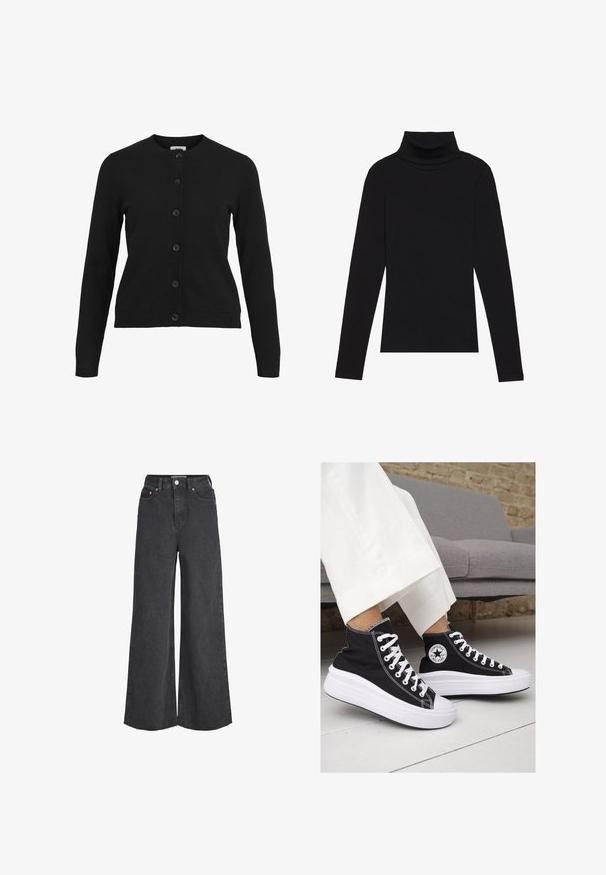 Fekete kardigán kerek nyakkivágással, hosszú ujjakkal és hat gombos elülső záródással. Puha kötött anyagból készült, bordázott részletekkel a mandzsettákon és az alján.; Fekete garbónyakú, hosszú ujjú felső, bordás anyagból készült, testhez álló fazonnal, magas nyakkal, minták és díszítések nélkül.; Magas derekú fekete, bőszárú farmernadrág elülső gombbal és cipzárral, öt zsebbel és nyers széllel.; Fekete vászon magas szárú tornacipők fehér gumitalppal és fűzővel. Az oldalon egy kör alakú logó található, és kontrasztos fehér varrásokkal rendelkezik.