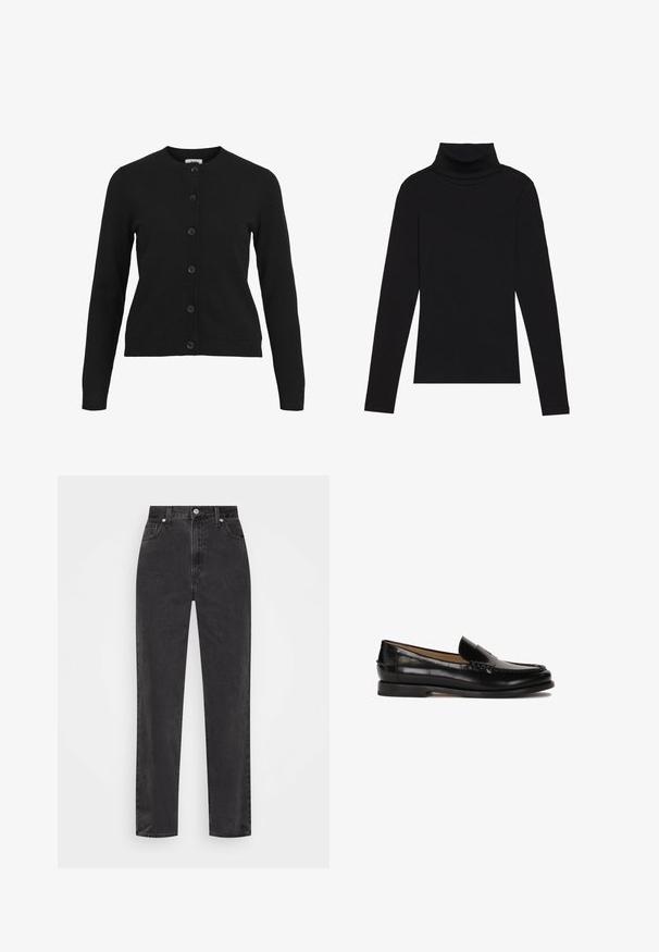 Črni kardigan z okroglo ovratnico, dolgimi rokavi in sprednjim zapiranjem na šest gumbov. Narejen iz mehkega pletenega materiala z rebrastim detajlom na robovih rokavov in ob robu.; Črna majica s puloverjem in dolgimi rokavi, izdelana iz rebraste tkanine, ima prilegan kroj s visokim ovratnikom in brez vzorcev ali okrasnih elementov.; Črne denim hlače s ravnimi nogami in visokim pasom, sprednjim gumbom in zadrgo ter petimi žepi na belem ozadju.; Črne usnjene loafers cipele z zaobljenim nosom, enostavno obuvanje in subtilne šive ob zgornjem delu. Ravna gumijasta podplata.