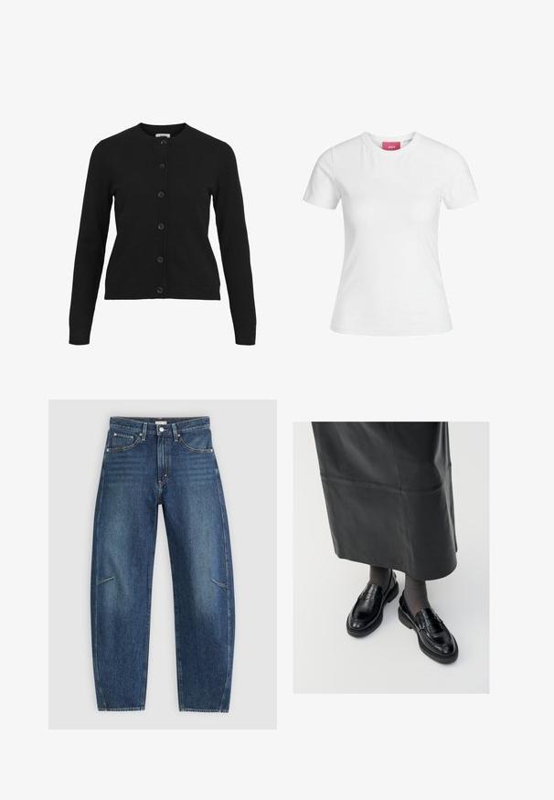 Zwarte cardigan met een ronde hals, lange mouwen en een sluiting met zes knopen aan de voorkant. Gemaakt van zachte breigoedstof met ribbelstructuur bij de manchetten en de zoom.; Witte katoenen t-shirt met korte mouwen en een ronde hals. Bevat een roze label aan de binnenkant van de hals. Soepele textuur.; Donkerblauwe denim jeans met een recht afgesneden ontwerp, voorzien van voorzakken, contrasterende stiksels en een subtiele vervaagde textuur op de broekspijpen.; Zwarte leren loafers met een gladde afwerking, voorzien van een decoratieve band, ronde neus en gestructureerde zool. Draagt met een lange zwarte leren rok.