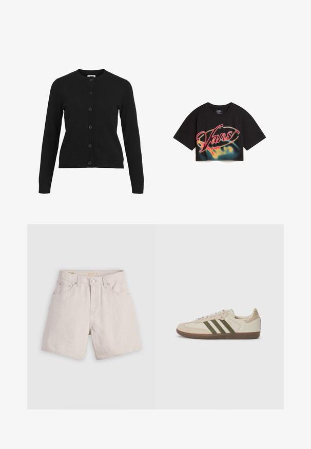 Schwarze Strickjacke mit rundem Ausschnitt, langen Ärmeln und sechs Knöpfen vorne. Hergestellt aus weichem Strickstoff mit gerippten Details an den Bündchen und am Saum.; Vans AFITERBURN RELAXED CROP - T-Shirt print - black; Hochtaillierte beigen Denim-Shorts mit einer geknöpften Vorderseite, Gürtelschlaufen und einem Fünf-Taschen-Design; leicht mit einer glatten Textur.; adidas Originals SAMBA OG UNISEX - Sneaker low - alumina/medium dark khaki/gum