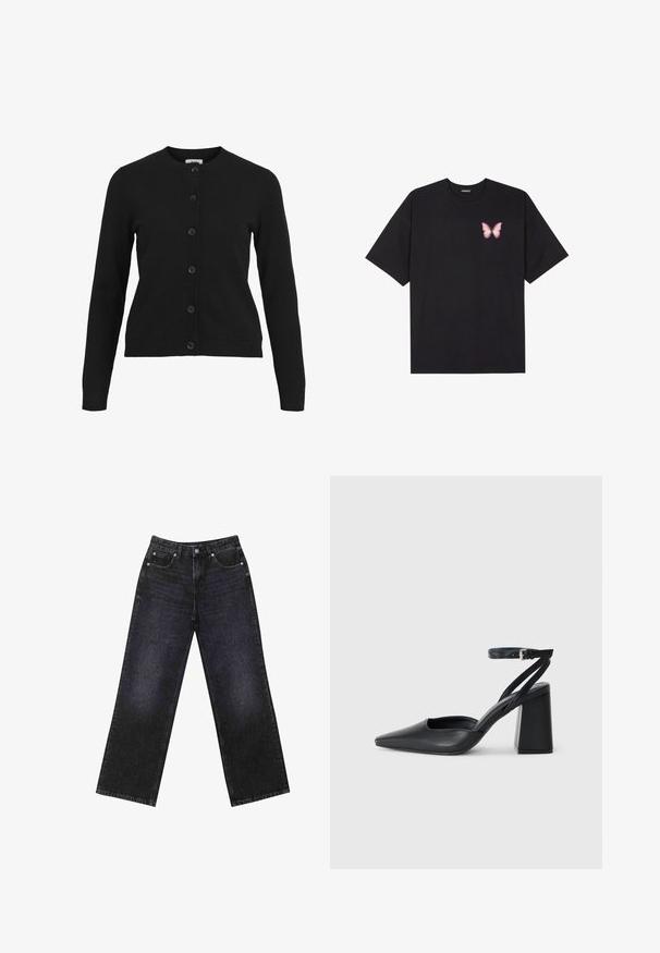 Svart cardigan med rund halsringning, långa ärmar och framknäppning med sex knappar. Tillverkad av mjukt stickat tyg med ribbad detalj vid ärmsluten och nederkant.; Svart bomullströja med korta ärmar, med en liten rosa fjärilsgrafik på vänster bröst. Rundad halsdesign med en avslappnad passform.; Höga svarta denimjeans med vida ben, femficksdesign och synlig sömnad. Tyget har en jämn, något texturerad yta.; Svart läderpumps med spetsig tå, ankelrem och kraftig klack. Slät textur, stilren design och minimalistisk estetik.