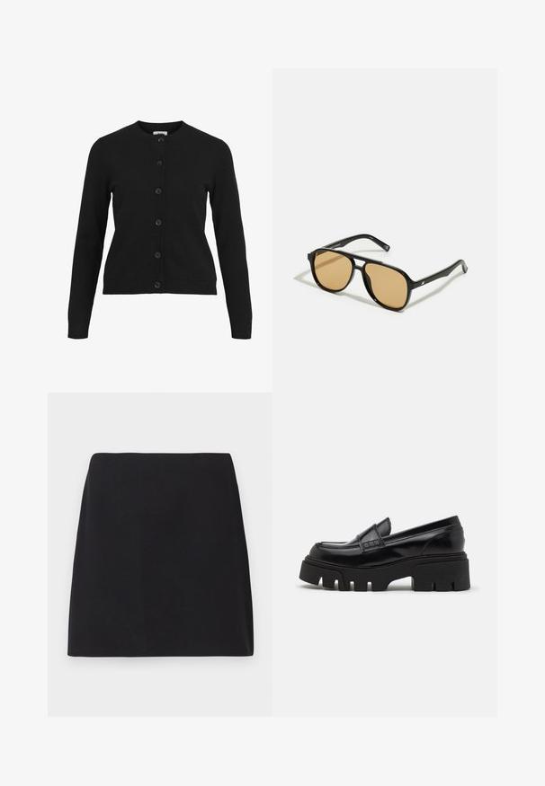 Čierny kardigán s okrúhlym výstrihom, dlhými rukávmi a šesťgombíkovým zapínaním na prednej strane. Vyrobený z mäkkej pleteniny s rebrovým detailom na manžetách a leme.; Čierna dlhá rukávová košeľa vyrobená z rebrovanej tkaniny. Má okrúhly výstrih a priliehavý strih bez viditeľných vzorov alebo akcentov.; Čierna minisukňa, rovný strih, hladká textúra látky, žiadne viditeľné vzory ani ozdoby, čisté okraje, bez kovania. Jednoduchý dizajn.; Čierne kožené loafers so robustnou štruktúrovanou platformovou podrážkou a ozdobným remienkom cez hornú časť. Hladký, lesklý povrch.; Čierne slnečné okuliare s hnedými farebnými šošovkami; obdĺžnikový tvar s hrubým rámom, vrátane jemných kovových akcentov na stranách.; Hnedá tkaná kabelka na večer s textúrovaným povrchom, zlatými kovovými detailmi a dekoratívnymi cvočkami pozdĺž okrajov. Má reťazový popruh.