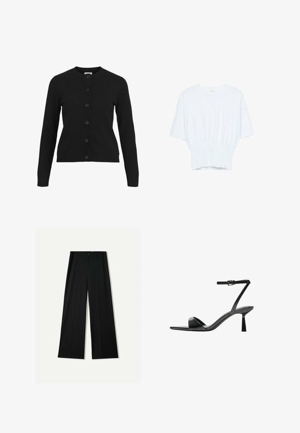 Crni kardigan s okruglim izrezom, dugim rukavima i prednjim zatvaranjem na šest dugmadi. Izrađen je od mekog pletiva s rebrastim detaljima na manžetama i na donjem rubu.; Bijela majica kratkih rukava s opuštenim krojem i nabrano teksturom na struku. Izrađena od mekog, laganog materijala.; Bershka WIDE - Hlače - black; Bershka Sandale s visokom petom - black