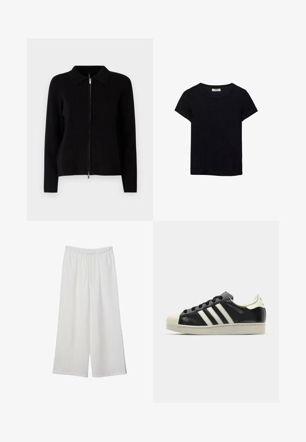 ONLY ONLBARIA ZIP - Kardigán - black; Čierne tričko s krátkym rukávom vyrobené z jemného materiálu. Má klasický okrúhly výstrih a voľný strih. Bez vzorov alebo akcentov.; Biele široké nohavice z ľahkého materiálu s elastickým pásom a šnúrkou na nastavenie veľkosti. Hladká textúra.; Čierne kožené tenisky s bielymi pruhmi, gumenou špičkou, čiernymi šnúrkami a krémovobielou podrážkou. Hladký povrch s lesklým finišom.