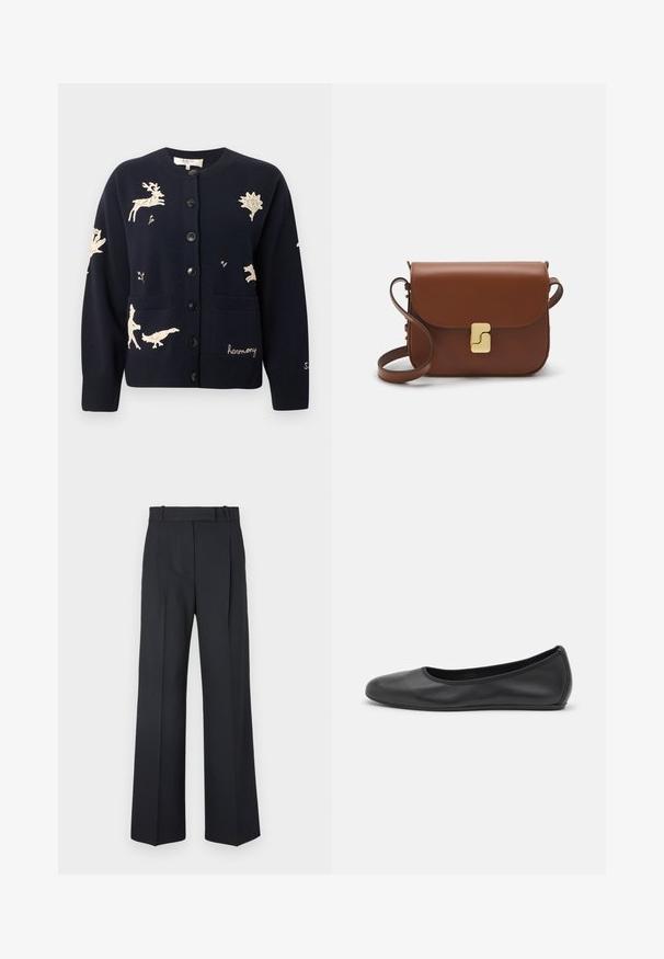 Námornícky kardigán s vyšívanými motívmi divokej prírody v smotanovej farbe, s okrúhlym výstrihom, zapínaním na gombíky, dvoma vreckami a rebrovanými manžetami.; Biela krátka tričko s krátkymi rukávmi vyrobené z rebrovanej látky. Klasický okrúhly výstrih, bežný strih a jemné švy. Bez vzorov alebo grafiky.; Tmavomodré pruhované nohavice s vysokým pásom, širokými nohavicami a bez viditeľného hardvéru alebo ozdôb. Hladká textúra a prispôsobený strih.; Čierne kožené baleríny s okrúhlou špičkou, hladkým povrchom, minimálnym prešívaním a flexibilným dizajnom podrážky.; Hnedá kožená kabelka s klopou, zlatými kovovými prvkami, ramenným popruhom a hladkým povrchom. Kompaktný obdĺžnikový tvar.