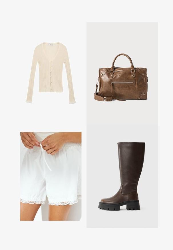 Cremefarvet ribbet cardigan med lange ærmer, V-udskæring, knaplukning foran og en subtil flæse ved ærmeenderne. Lavet af blødt strikmateriale.; Hvid tanktop lavet af letvægtsstof. Har en rund halsudskæring og brede armhuller, med en glat tekstur og minimalistisk design.; Hvide bomuldsshorts med elastisk talje og snor, med blonder tilføjet langs kanten for ekstra detalje.; Brune knæhøje støvler lavet af glat syntetisk læder, med en kraftig sort platformsål og minimal syning for et elegant design.; Brun læder håndtaske med justerbar skulderrem, håndtag øverst, lynlås foran og metalhardware detaljer. Tekstureret overflade.