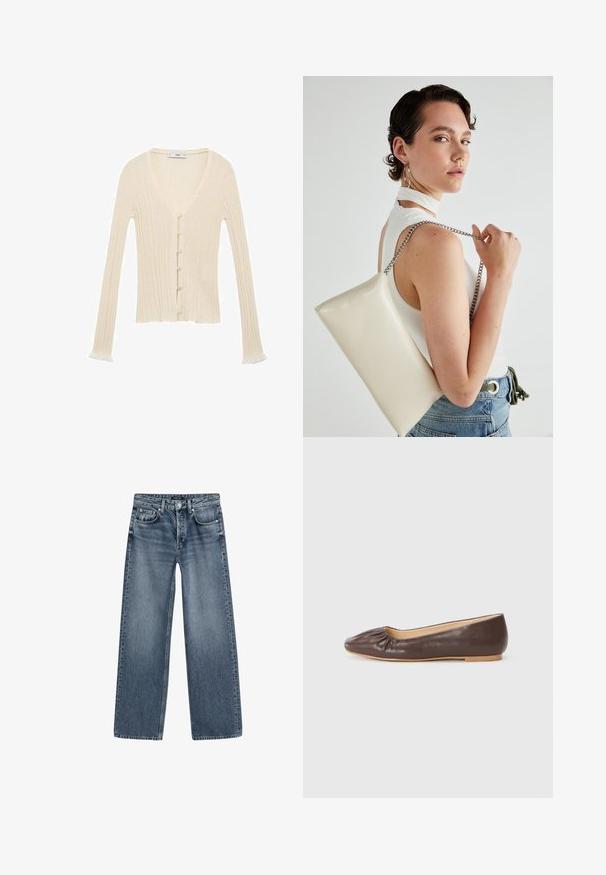 Cremfarbener gerippter Cardigan mit langen Ärmeln, V-Ausschnitt, Knopfverschluss vorne und dezent gerafftem Saum an den Ärmelsäumen. Hergestellt aus weichem Strickmaterial.; Weißes T-Shirt mit kurzen Ärmeln und rundem Ausschnitt, aus weichem Baumwollstoff gefertigt, mit glatter Textur und einfachem Design.; Hochtaillierte, weite Jeans aus mittlerem blauen Denim mit einem verblassten Finish, Fünf-Taschen-Design und silberfarbener Knopfverschluss.; Braune Leder-Balletschuhe mit einer runden Zehenform, Raffung im vorderen Bereich und einer flachen, hellen Sohle.; Weiße rechteckige Clutch aus glänzendem Material mit einem silbernen Kettenriemen. Das Model posiert und präsentiert die Tasche vor einem schlichten Hintergrund.
