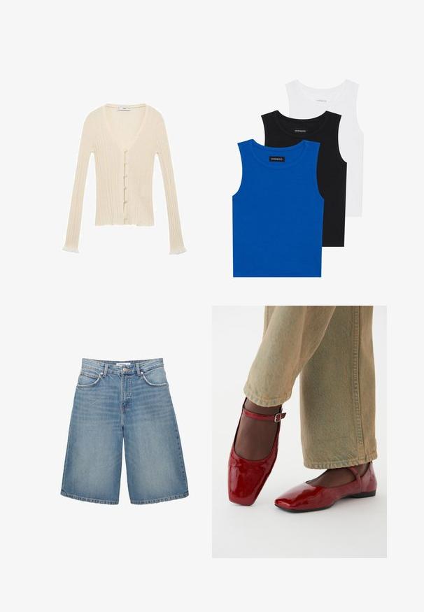 Cardigan à côtes crème avec manches longues, décolleté en V, fermeture à boutons sur le devant, et ourlet légèrement froncé aux extrémités des manches. Fabriqué en matériau tricoté doux.; Trois débardeurs sans manches en bleu, noir et blanc. Le tissu est côtelé avec un col rond. Chaque débardeur a une étiquette portant la mention « even&odd ». ; PULL&BEAR Short en jean - blue denim; Chaussures en cuir verni rouge avec un bout carré, un petit talon et une sangle de cheville, associées à un jean large vert clair. Texture lisse, surface réfléchissante.