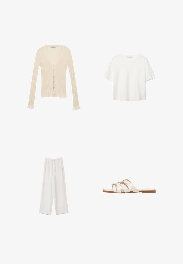 Crèmekleurige geribbelde cardigan met lange mouwen, V-hals, knoopsluiting aan de voorkant en subtiele gerafelde zoom aan de mouwuiteinden. Gemaakt van zacht breiwerk.; Witte korte mouwen t-shirt van katoen. Heeft een ronde halslijn en een ontspannen pasvorm. Glad textuur zonder zichtbare patronen of accenten.; Witte wijde broek gemaakt van een lichte stof. Voorzien van een elastische tailleband met een trekkoord en zijzakken. Zachte textuur.; Vlakke sandalen met een tan rubberen zool, ontworpen met drie overlappende witte leren banden en een kleine strikdetail in het midden.