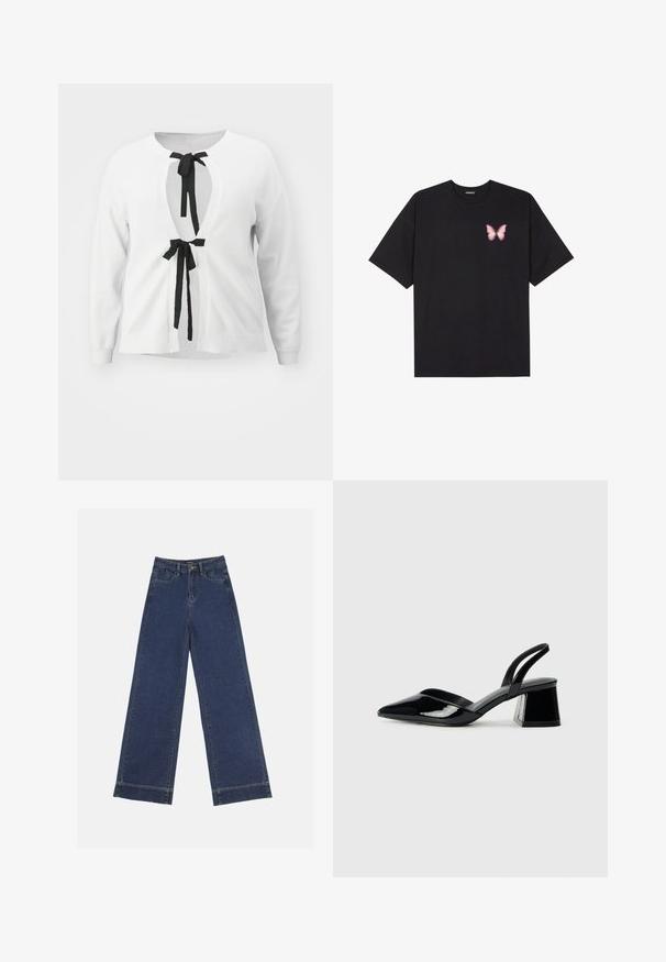 White knitted cardigan with a deep V-cut front, secured by black ribbon ties, featuring long sleeves and ribbed cuffs.; Black cotton t-shirt with short sleeves, featuring a small pink butterfly graphic on the left chest. Crew neck design with a relaxed fit.; Wide-leg jeans in dark blue denim. Features five pockets, belt loops, and a raw hem at the bottom with visible stitching details.; Black patent leather slingback heels with a pointed toe and a geometric block heel. Features a sleek, minimal design and smooth texture.