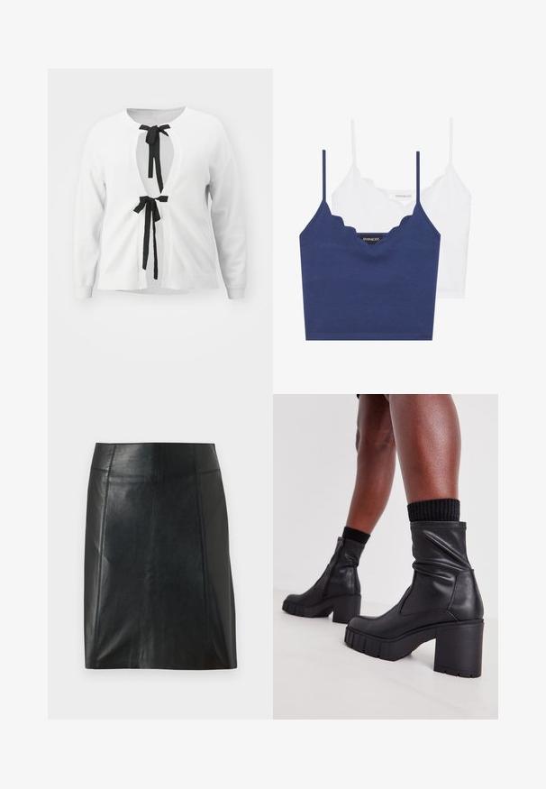 Bela pletena kardigan s globokim V-izrezom spredaj, zavarovan s črnimi trakovi, z dolgimi rokavi in ribanim manšetami.; Mornarsko modra in bela bombažna modra braletka z valovitim dekoltejem, tankimi nastavljivimi naramnicami in prilegajočim dizajnom. Oznaka z logotipom na notranji strani mornarsko modrega kosa.; Črna usnjena krilo s prilegajočo zasnovo. Gladka tekstura, šivi, ki obdajajo obliko, in ravna obroba. Minimalističen in eleganten videz.; Črne usnjene gležnjarje z nagubanim dizajnom, debelim visokim petam in teksturiranim gumijastim podplatom. Imajo zadrgo na strani.