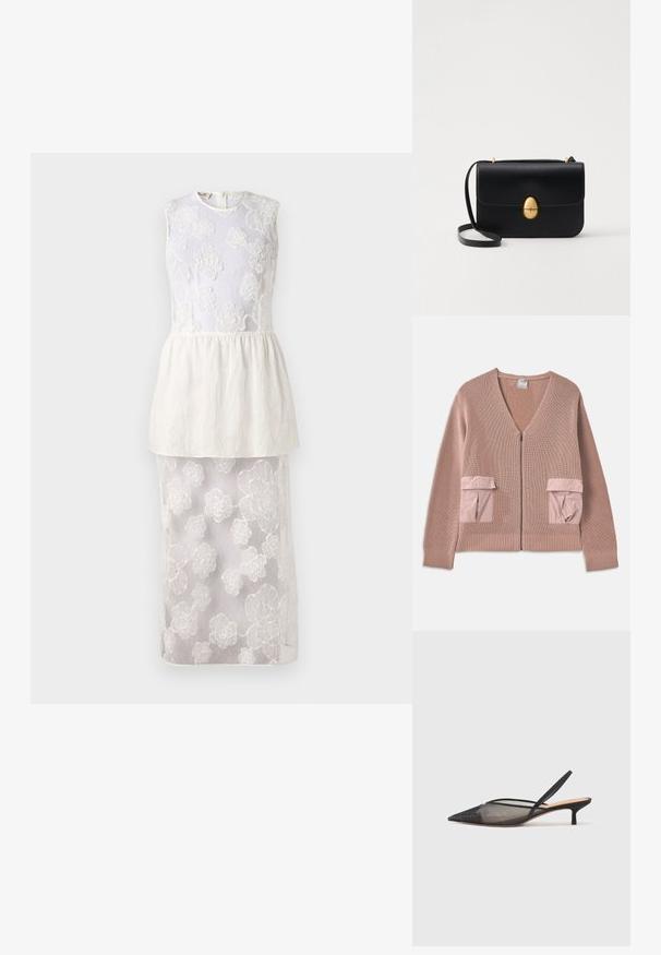 Cardigan rosa de malha com decote em V, fecho de correr na frente e dois bolsos aplicados em tecido contrastante. Punhos e barra canelados que realçam a textura.; Vestiário branco com top sem mangas, apresentando bordados florais, cintura em peplum em camadas e uma saia inferior transparente decorada com padrões florais.; NEOUS IRENA - Saltos clássicos - black; Bolsa de mão em couro preto com uma forma rectangular estruturada. Apresenta um fecho oval dourado e uma alça para o ombro fina. Textura suave.
