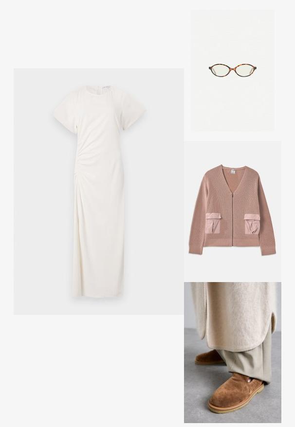 Różowy sweter z dzianiny z dekoltem w kształcie V, zamkiem z przodu i dwoma naszytymi kieszeniami w kontrastowym materiale. Żebrowane mankiety i dół podkreślają teksturę.; Biała sukienka z krótkimi rękawami, okrągłym dekoltem i bocznymi marszczeniami; gładki materiał w długości do podłogi.; Brązowe zamszowe buty slip-on z zaokrąglonym noskiem, gumową podeszwą i bocznymi wycięciami, w połączeniu z jasnobeżowymi spodniami od garnituru.; Okulary w kolorze tortoiseshell z owalnymi soczewkami i gładkim, eleganckim wykończeniem. Posiadają cienkie boki z delikatnym łukiem w okolicy skroni. Przezroczyste soczewki.