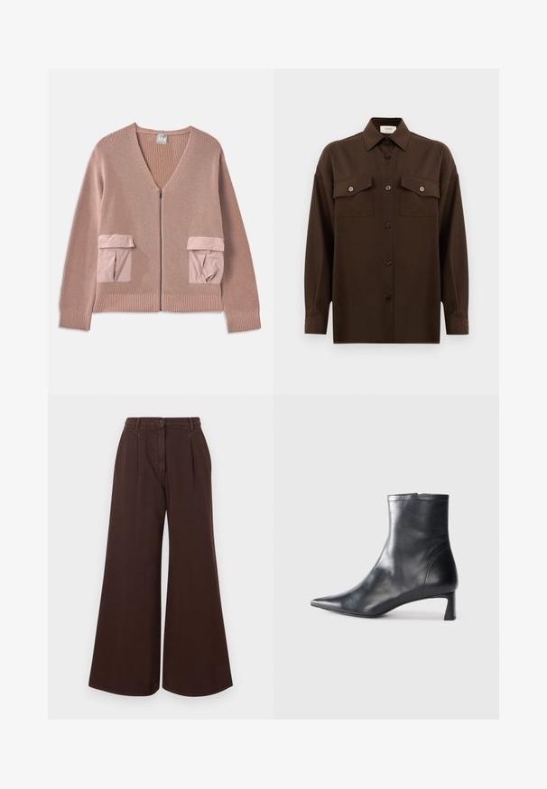 Rožinė megzta kardiganas su V formos iškirpte, užtrauktuku priekyje ir dviem kontrastingos medžiagos kišenėmis. Rippuoti rankogaliai ir apačia prideda tekstūros.; Tamsiai rudas ilgarankovis mygtukų marškiniai su dviem kišenėmis ant krūtinės ir klasikiniais apykakle, pristatomas prieš paprastą baltą foną.; Aukšto juosmens platėjančios rudos kelnės su mygtuku ir užtrauktuku, dirželių kilpomis ir priekinėmis raukšlėmis.; Juodas odinis kulkšninis batas su smailiu pirštu ir elegantišku dizainu. Turi žemą kulną ir užtrauktuką gale. Lygi tekstūra.