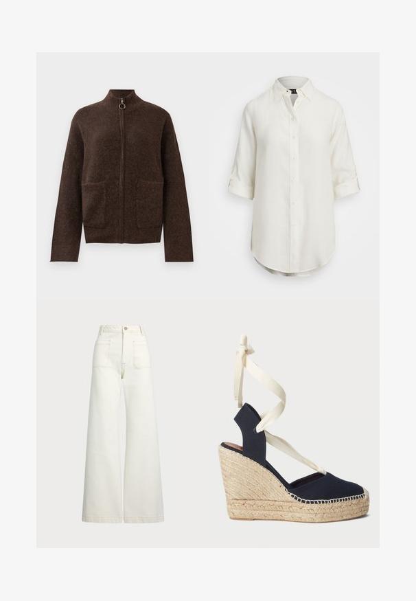 Tamsiai ruda pūkuota zip-up kardiganas su aukštu kaklu, dviem priekinių kišenėmis ir ilgomis rankovėmis prieš baltą foną.; Balta lino marškiniai su mygtukų užsegimu, trumpomis susuktomis rankovėmis, apykakle ir apvaliu kraštu. Įrengti šviesios spalvos mygtukai.; Plati kojinės džinsai of white denimo. Aukštas liemuo, su mygtuko uždarymu, dviem priekinėmis kišenėmis ir kontrastingai siuvinėjimu.; Laivyno mėlynos drobinės pakulnės šlepetės su espadrilės virve ir grietinėlės spalvos kaspinais aplink kulkšnį. Uždara kulniuko ir apvalios noselės dizainas.