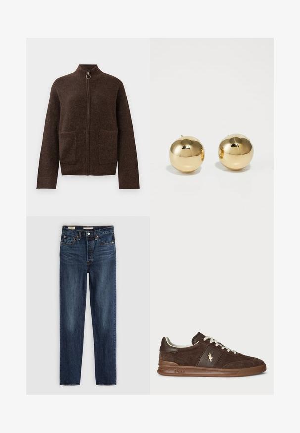Sötétbarna, bolyhos, cipzáras kardigán magas nyakkal, két elülső zsebével és hosszú ujjaival fehér háttér előtt.; Sötétbarna pamut póló kerek nyakkivágással, rövid ujjakkal és laza fazonnal. Egyszerű dizájn, látható minták vagy kiegészítők nélkül.; Sötétkék egyenes szárú farmernadrág öt zsebbel, gombos és cipzáros záródással, valamint kontrasztos varrással.; Barna velúr tornacipők textúrált panelek, fehér fűzők és arany logó. Gumi talppal és párnázott nyakkal a kényelem érdekében.; Arany gömb alakú fülbevalók fényes felülettel és kis tűvel. Simaság jellemzi őket, tükröződő felületük van.