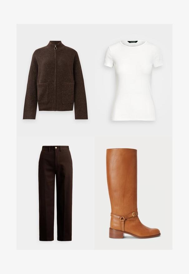 Cardigã zíper escura e felpuda de cor castanha, com gola alta, dois bolsos frontais e mangas longas, contra um fundo branco.; T-shirt branco de algodão com mangas curtas, gola redonda, design ajustado e textura suave. Etiqueta do logotipo na gola.; Calças castanho-escuro de perna reta com fecho de botão e fecho éclair, passantes para cinto e bolsos frontais contra um fundo branco.; Botas altas de couro castanho com um acabamento suave, apresentando uma fivela lateral e um salto empilhado. A parte superior possui um design limpo e sem adornos.