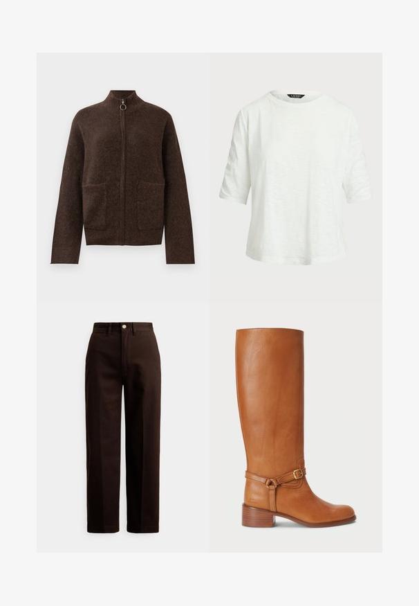 Cardigã zíper escura e felpuda de cor castanha, com gola alta, dois bolsos frontais e mangas longas, contra um fundo branco.; T-shirt branca de manga curta feita de tecido leve. Apresenta um decote redondo e um corte descontraído com um padrão texturizado subtil.; Calças castanho-escuro de perna reta com fecho de botão e fecho éclair, passantes para cinto e bolsos frontais contra um fundo branco.; Botas altas de couro castanho com um acabamento suave, apresentando uma fivela lateral e um salto empilhado. A parte superior possui um design limpo e sem adornos.
