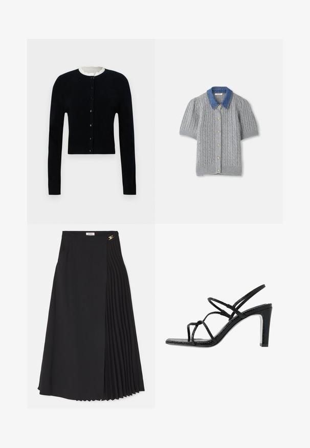 Fekete kardigán kerek nyakkivágással, hosszú ujjakkal és elöl gombos záródással. A nyakkivágásnál texturált krém színű bélés található.; Szürke kötött rövid ujjú kardigán, kábelmintával, denevérszárnyú gallérral és öt arany gombbal az elején.; Fekete midi szoknya, amelynek egyik oldala pliszézett, könnyű anyagból készült, rejtett cipzárral és oldalsó zsebekkel.; Fekete magassarkú szandál vékony pántokkal, texturált felsőrésszel, nyitott orral és karcsú, hegyes sarkú kialakítással. Simább talpbélével és fényes felületével rendelkezik.