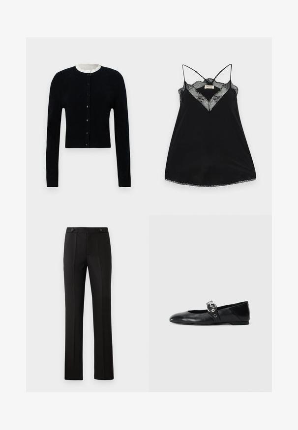 Crni kardigan s okruglim izrezom, dugim rukavima i sprijeda zakopčanjem na dugmad. Ima teksturiranu krem podlogu na izrezu.; Crna majica bez rukava s podesivim naramenicama, koja ima čipkast izrez i valovite rubove. Glatka tkanina s blagim sjajem.; Crne krojene hlače ravnog kroja, s dva prednja džepa, dugmetom za zatvaranje i pregibima sprijeda. Glatka tekstura tkanine.; Crne kožne baletanke s špicastim nosom, s remenom s okruglom metalnom kopčom i ravnim potplatom.