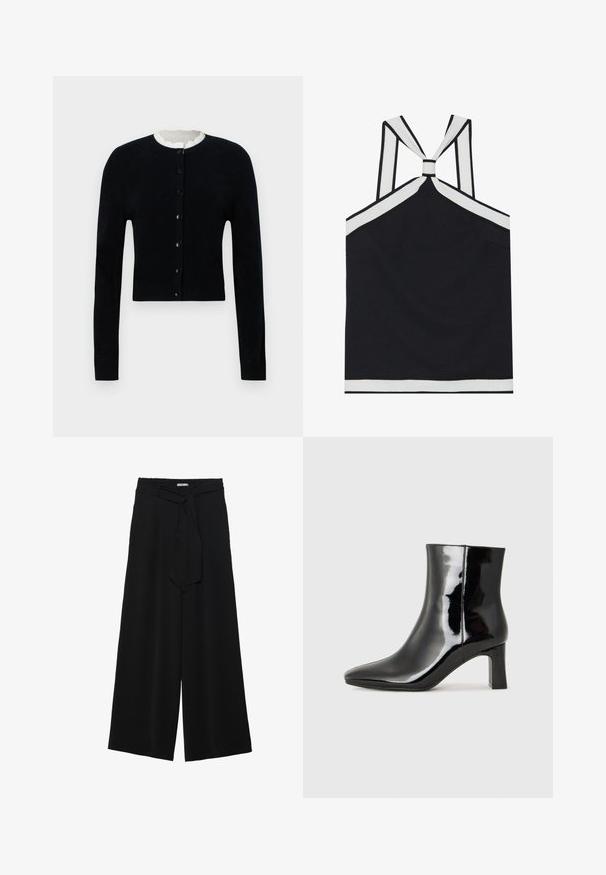 Černý cardigan s kulatým výstřihem, dlouhými rukávy a předním zapínáním na knoflíky. Má texturovanou krémovou podšívku na výstřihu.; Černý halter top s bílými akcenty, s uzlovým designem na zádech, texturovaným povrchem a přiléhavou siluetou. Jednoduchý a moderní.; Černé kalhoty s širokými nohavicemi, vyrobené z texturované tkaniny, s elastickým pasem a odnímatelným páskem na úpravu velikosti.; Černé lakované kotníkové boty s špičatou špičkou a středně vysokým blokovým podpatkem. Hladká textura a minimalistický design.