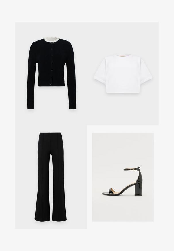 Svart cardigan med rund hals, långa ärmar och knappstängning framtill. Har en texturerad krämfärgad foder vid halsringningen.; Klippt vit t-shirt tillverkad av mjukt tyg, med korta ärmar, rund halsringning och ribbade kantdetaljer. Enkel och utan prål design.; Svarta vida byxor med hög midja, tillverkade av elastiskt tyg. Har vertikala sömmar framtill och en jämn yta.; Svart lacklädersandal med bred klack, öppen tå och ankelsnöre med ett gyllene spänne. Slät textur och elegant design.