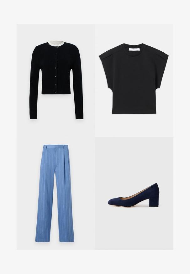 Schwarze Strickjacke mit Rundhalsausschnitt, langen Ärmeln und vorderem Knopfverschluss. Enthält eine strukturierte cremefarbene Fütterung am Hals.; Schwarzes kurzärmliges Oberteil mit rundem Halsausschnitt und Schulterdetails, flach auf einem weißen Hintergrund ausgelegt.; Himmelblaue weite Hosen mit vertikalen weißen Streifen. Aus glattem Material gefertigt, mit einer vorderen Falte und einem schlichten Taillenbunddesign.; Marineblaue Wildleder-Pumps mit spitzem Zehenbereich und einem mittelhohen Blockabsatz. Glatte Textur mit einem subtilen Glanz und einem kleinen Ausschnitt an der Vorderseite.