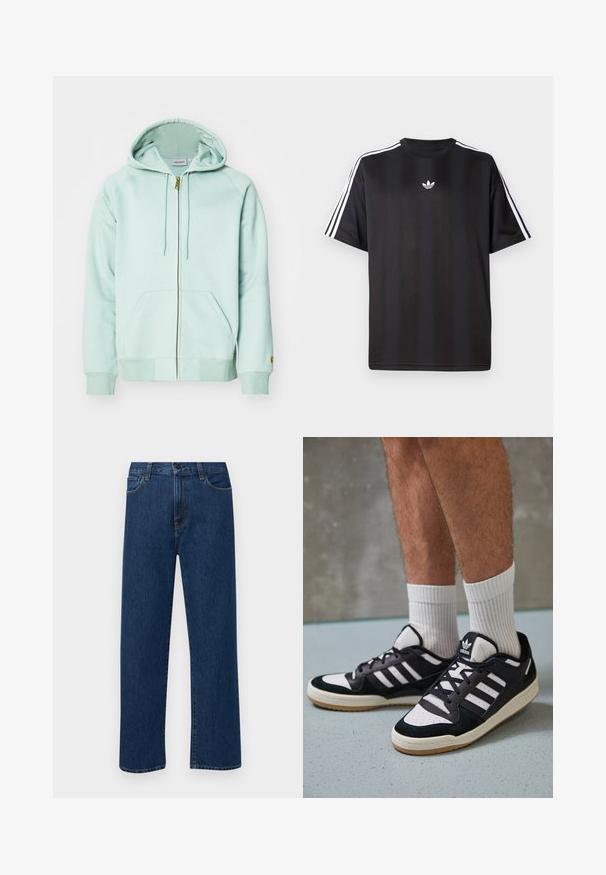 Svijetlo zeleni zip-up kaput od mekane tkanine. Ima kapuljaču s vezicom, dva prednja džepa i rebraste manžete. Logotip marke na rukavu.; Crna majica kratkih rukava s bijelim trostrukim detaljima na ramenima i malim bijelim logotipom na prsima. Glatka tekstura tkanine.; Tamno plave traperice ravnog kroja s prednjim džepovima i kopčanjem na dugme, prikazane na jednostavnoj bijeloj pozadini.; Crne i bijele tenisice s gornjim dijelom od antilopa i kože, s tri bijele pruge, perforiranim prstom i gumiranim potplatom.