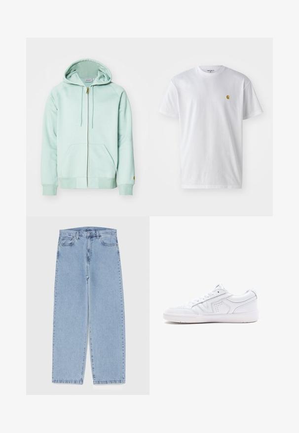 Felpa con zip di un delicato verde menta, realizzata in tessuto morbido. Presenta un cappuccio regolabile con lacci, due tasche frontali e polsini a costine. Logo del marchio sulla manica.; T-shirt bianco in cotone con maniche corte, con colletto girocollo, caratterizzato da un piccolo logo dorato sulla parte sinistra del petto. Tessuto morbido e vestibilità regolare.; Jeans in denim azzurro chiaro con design a gamba dritta, caratterizzati da una vita media, cinque tasche e chiusura con bottone e zip.; Sneaker in pelle bianca con design low-top, punta tonda, dettagli perforati e suola testurizzata. Presenta lacci e sottili accenti di cucitura.