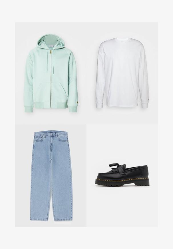 Helle mintgrüne Zip-Hoodie aus weichem Stoff. Mit verstellbarem Kapuzenzug, zwei Fronttaschen und gerippten Bündchen. Logo auf dem Ärmel.; Weißes Langarm-T-Shirt aus Baumwolle. Rundhals-Design mit gerippten Bündchen und kleinem Logo auf dem linken Ärmel. Glatte Textur.; Hellblaue Jeans aus Denim mit geradem Bein, ausgestattet mit einer mittelhohen Taille, fünf Taschen sowie einem Knopf- und Reißverschluss.; Schwarze Lederloafers mit einem fransenverzierten Akzent, ausgestattet mit einer robusten schwarzen Sohle und gelber Naht entlang der Kante. Texturierte Oberfläche.