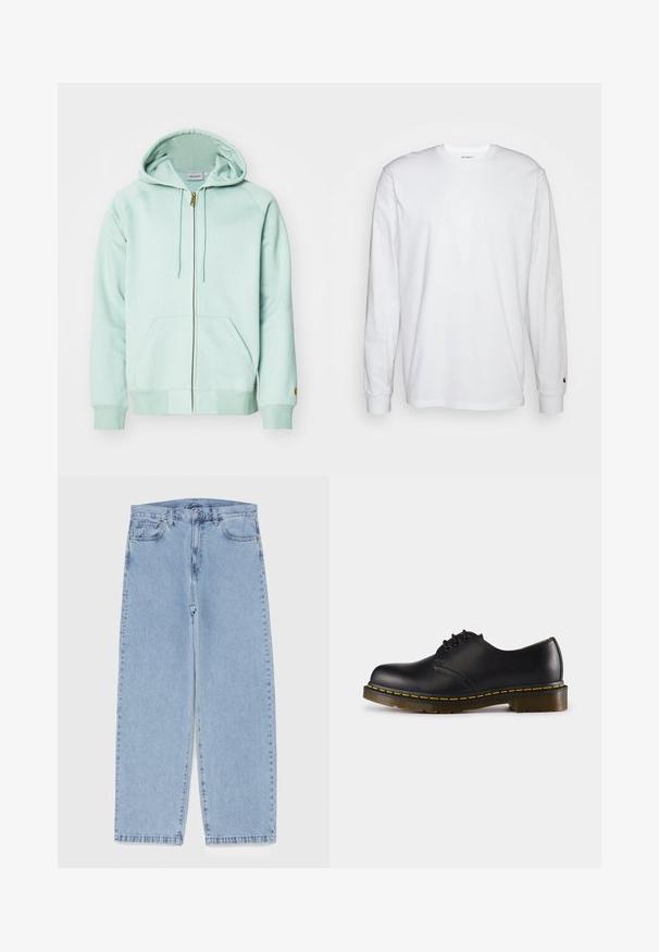 Light mint green zip-up hoodie made of soft fabric. Features a drawstring hood, two front pockets, and ribbed cuffs. Card logo on sleeve.; White long-sleeved T-shirt made of cotton. Crew neck design with ribbed cuffs and a small logo on the left sleeve. Smooth texture.; Light blue denim jeans with straight leg design, featuring a mid-rise waist, five pockets, and a button and zipper closure.; Black leather shoe with rounded toe, lace-up design, yellow stitching along the sole, and a chunky, textured rubber outsole.