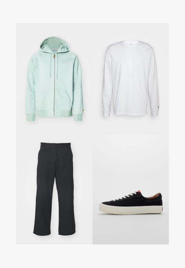 Svetlo mätovo zelená mikina na zips vyrobená z jemnej látky. Má sťahovaciu kapucňu, dve predné vrecká a rebrované manžety. Logo na rukáve.; Biela dlhá bavlnená tričko s dlhým rukávom. Dizajn s okrúhlym výstrihom a rebrovanými manžetami, malá nášivka na ľavom rukáve. Hladká textura.; Čierne nohavice s rovnými nohavicami vyrobené z látky s hladkým povrchom, s predným zapínaním na gombík a štandardnými vreckami.; Čierne textilné tenisky s bielymi šnúrkami, béžovou gumovou podrážkou a červeným akcentom na päte. Zakrivená špička a minimálne prešívanie.
