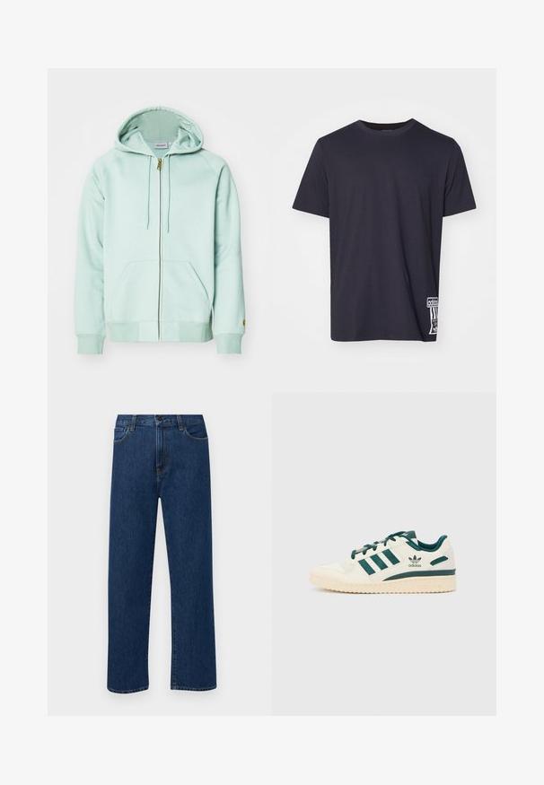 Gaiši mentolzaļš zip-up kapucis, kas izgatavots no mīksta auduma. Tam ir kapuce ar auklu, divas priekšējās kabatas un ribota aproce. Karšu logo uz piedurknes.; Melna kokvilnas t-krekls ar apaļu kakla izgriezumu, īsām piedurknēm un baltu logos uz apakšējās malas. Gluda tekstūra, regulāra piegriezuma.; Tumši zilas taisnas kājas denim bikses ar priekšējām kabatām un pogu aizdari, izvietotas uz vienkārša baltā fona.; Balta sporta apavi ar zaļiem akcentiem. Aprīkoti ar trim zaļām svītrām, struktūrizētu purna daļu un logo uz sāna. Gumijas zole ar tekstūru rakstu.