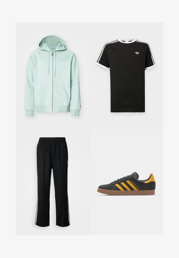 Šviesiai mėtų žalia zip-up džemperis, pagamintas iš minkštos medžiagos. Turi reguliuojamą kapucę, dvi priekines kišenes ir raibuliuojančius rankogalius. Ant rankovės yra kortelės logotipas.; Juodas medvilninis marškinėlis su baltais akcentais. Yra trumpomis rankovėmis, raglano stiliaus, ir mažas logo ant krūtinės. Ant pečių yra trys balti dryžiai.; Juodi sportiniai keliai su elastingu juosmeniu, su baltais šonais ir mažu logotipu. Atrodo, kad medžiaga yra minkšta ir lengva.; Juodas zomšinės sportbačiai su geltonais akcentais, turintys tris juosteles ir rudą gumos padą. Apima paminkštintą liežuvėlį patogumui.