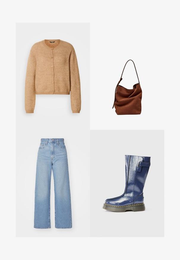 Beige knitted cardigan with a round neckline, six buttons down the front, and long sleeves. Soft texture with a slightly cropped fit.; Brown cotton t-shirt, short sleeves, crew neckline, relaxed fit, smooth texture, minimalistic design, no visible patterns or accents.; Light blue high-waist wide-leg jeans with front button and zip closure, front and back pockets, on a white background.; Blue, glossy knee-high boot with a rounded toe, side zip, and vertical seam details. Features a thick, black platform sole with yellow stitching.; Brown suede shoulder bag with a soft, slouchy shape and a single long strap, featuring a subtle, smooth texture and no visible hardware.