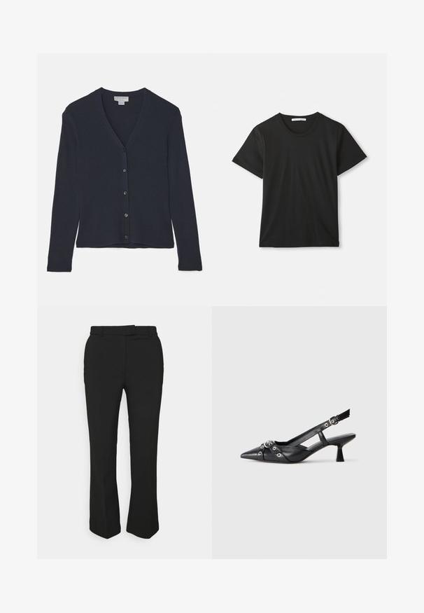 Tiger of Sweden GIANE - Neuletakki - ocean grey; Musta lyhythihainen T-paita, jossa on pyöreä pääntie ja pehmeä puuvillakangas. Yksinkertainen muotoilu ilman kuvioita tai logoja, klassinen istuvuus.; Musta räätälöity housut suoran lahkeen muotoilulla, joissa on vyölenkit ja sivutaskut. Valmistettu sileästä kankaasta, jossa on siisti viimeistely.; Mustat nahkakengät, joissa on avonainen takaosa ja kärjessä terävä muoto, koristevyöt, joissa on metalliset reiät, sekä matala lohkoepohja. Teksturoitu pinta.