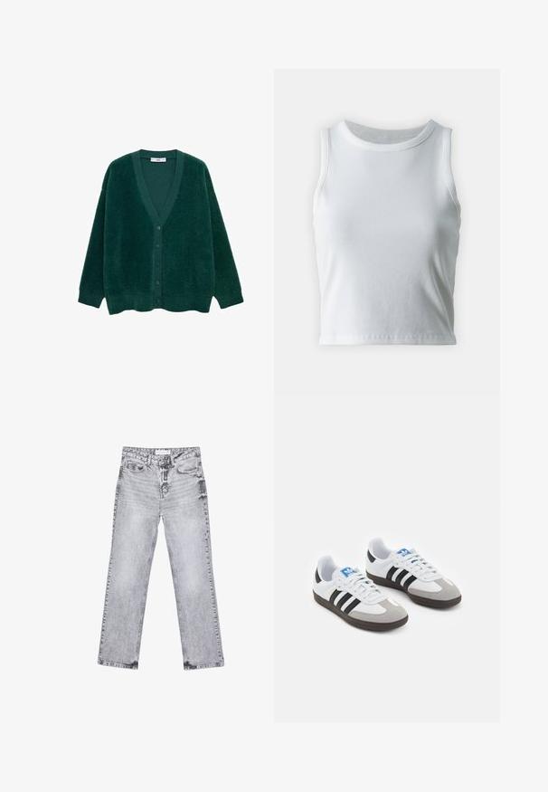 Cardigan verde peloso con scollo a V, maniche lunghe e bottoni frontali. Presenta una texture morbida e una vestibilità ampia e rilassata.; Top a canotta bianco a coste con scollatura rotonda e senza maniche, caratterizzato da un orlo dritto e una texture liscia e elastica.; Jeans in denim grigio con taglio dritto, dettagli sfilacciati, cinque tasche e rivetti in rame. La cintura presenta un'etichetta con il logo.; Scarpe sportive con tomaia in pelle bianca, punta in suede grigia e tre strisce nere. Presentano un logo blu sulla linguetta e una suola in gomma testurizzata.