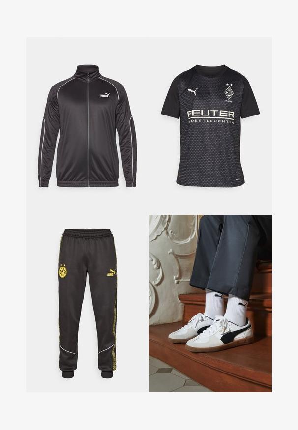 Svart zip-jacka med hög krage, tillverkad av slät tyg. Har vita detaljer längs sömmarna och en liten vit logotyp på bröstet.; Svart sportströja med korta ärmar, med ett hexagonalt mönster, Puma-logotyp och vit sponsortext. Inkluderar klubbemblem och två stjärnor.; Svarta träningsbyxor med gula Borussia Dortmund BVB 09 och Puma King-logotyper, elastisk midja och mönstrade gula sidosträck.; Puma-sneakers i vit och svart mocka, med en brun gummisula. Kombinerade med vita strumpor som visar upp en svart logotyp, bärs tillsammans med mörka byxor.