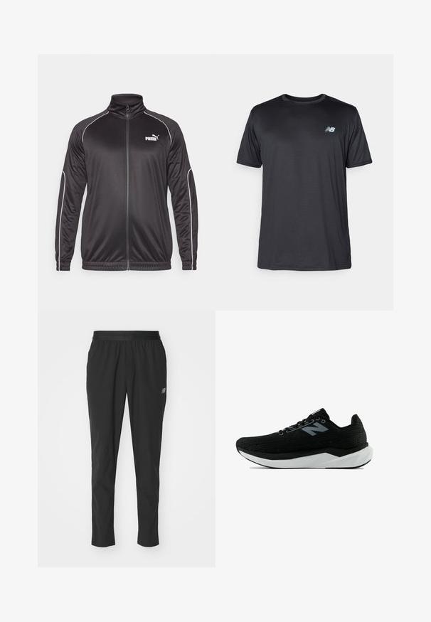 Black zip-up jacket with a high collar, made of smooth fabric. Features white piping along the seams and a small white logo on the chest.; New Balance Sports T-shirt - black; Black athletic pants made of lightweight material with an elastic waistband, tapered design, and subtle logo detail on the side.; Black athletic shoe with patterned mesh upper, white midsole, and black outsole. Features black laces and a subtle logo in light gray.