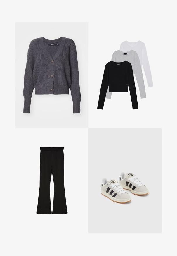 Cardigan de punto gris oscuro con escote en V, mangas largas y cinco botones en la parte delantera. Presenta una textura acanalada y un diseño corto.; Tres camisetas de manga larga apiladas: negra, gris y blanca. Cada una tiene un escote redondo y un diseño recortado con una tela suave y ligera.; Leggings negros de campana hechos de una tela elástica. Con una cinturilla ancha y una textura suave, presentan una silueta ajustada que se ensancha en el dobladillo.; Zapatillas de ante gris con cordones blancos, rayas negras y suela de goma blanca. Presentan un logo circular en la lengüeta y una suela de goma.