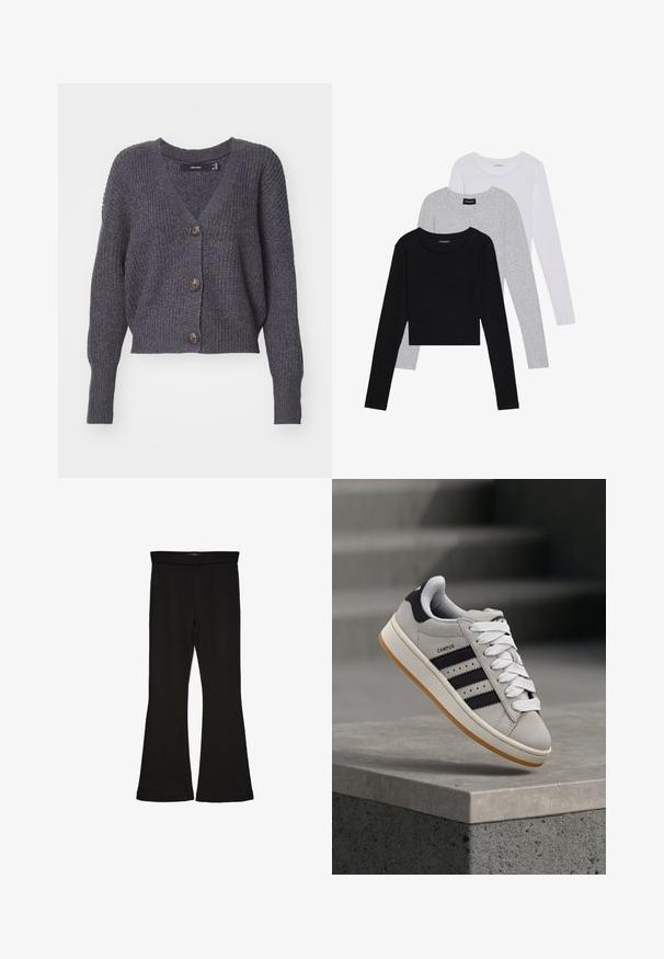 Cardigan en tricot gris foncé avec un col en V, des manches longues et cinq boutons sur le devant. Présente une texture côtelée et un design court.; Trois hauts à manches longues empilés : noir, gris et blanc. Chacun a un col rond et un design court avec un tissu lisse et léger.; Leggings évasés noirs en tissu extensible. Présentent une taille large et une texture lisse, avec une coupe ajustée qui s'évasent au bas.; Baskets Adidas Campus grises avec des rayures noires et des lacets blancs flottant au-dessus d'un rebord en béton avec des escaliers en arrière-plan.