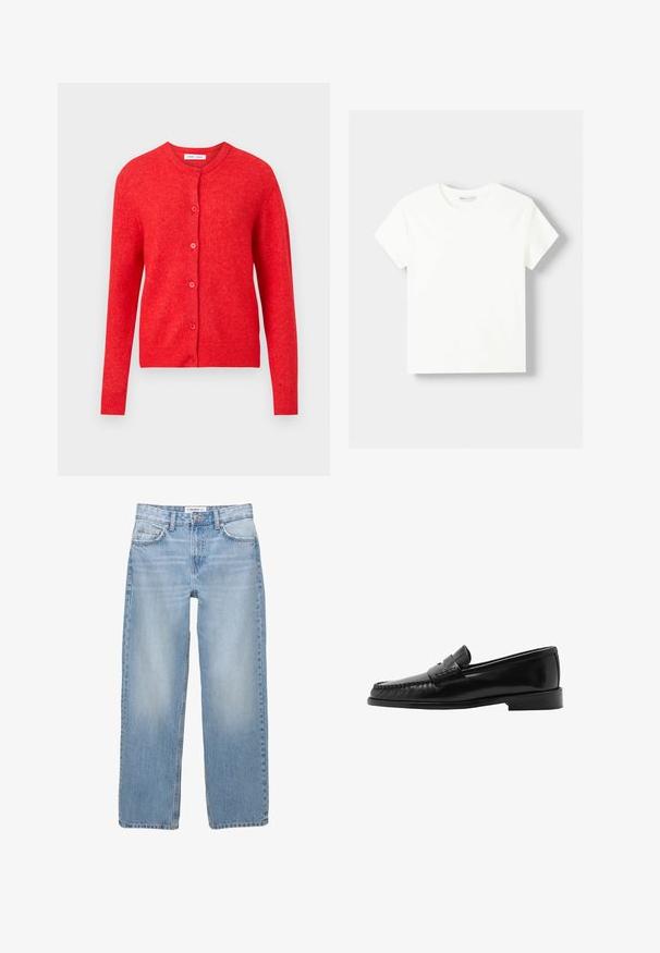 Czerwony, dziergany kardigan z długimi rękawami, okrągłym dekoltem oraz zapięciem na guziki z przodu. Miękka faktura z prążkowanymi akcentami przy mankietach i u dołu.; Biała bawełniana koszulka z okrągłym dekoltem i krótkimi rękawami. Prosty design, gładka faktura, brak wzorów lub akcentów.; Jasnoniebieskie dżinsy o prostym kroju, pięć kieszeni oraz widoczne detale przeszycia. Tkanina ma miękką, lekko wyblakłą strukturę.; Czarny skórzany loafers z zakrzywioną sylwetką, dekoracyjnym paskiem, teksturowanym szwem i płaską gumową podeszwą. Gładkie wykończenie i elegancki design.